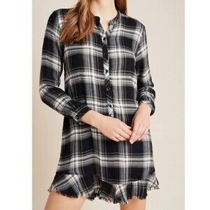 Bella Dahl Crosby Plaid Shirt Dress Small Black Gray *missing Belt